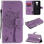 For Xiaomi Redmi Note 9 Tree & Cat Embossed Pattern Horizontal Flip Leather Case with Holder & Card Slots & Wallet & Lanyard(Light Purple)
