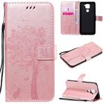For Xiaomi Redmi Note 9 Tree & Cat Embossed Pattern Horizontal Flip Leather Case with Holder & Card Slots & Wallet & Lanyard(Rose Gold)