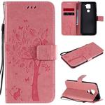 For Xiaomi Redmi Note 9 Tree & Cat Embossed Pattern Horizontal Flip Leather Case with Holder & Card Slots & Wallet & Lanyard(Pink)