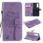 For Huawei Nova 7 Pro Tree & Cat Embossed Pattern Horizontal Flip Leather Case with Holder & Card Slots & Wallet & Lanyard(Light Purple)