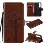 For Huawei Nova 7 Pro Tree & Cat Embossed Pattern Horizontal Flip Leather Case with Holder & Card Slots & Wallet & Lanyard(Coffee)