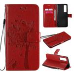 For Huawei Nova 7 Pro Tree & Cat Embossed Pattern Horizontal Flip Leather Case with Holder & Card Slots & Wallet & Lanyard(Red)