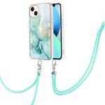 For iPhone 15 Electroplating Marble Pattern IMD TPU Shockproof Case with Neck Lanyard(Green 003)