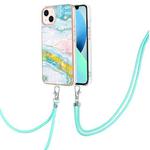 For iPhone 15 Electroplating Marble Pattern IMD TPU Shockproof Case with Neck Lanyard(Green 004)