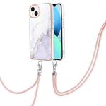For iPhone 15 Plus Electroplating Marble Pattern IMD TPU Shockproof Case with Neck Lanyard(White 006)