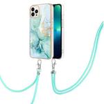 For iPhone 15 Pro Electroplating Marble Pattern IMD TPU Shockproof Case with Neck Lanyard(Green 003)