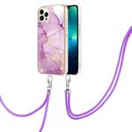 For iPhone 15 Pro Max Electroplating Marble Pattern IMD TPU Shockproof Case with Neck Lanyard(Purple 001)