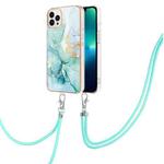 For iPhone 15 Pro Max Electroplating Marble Pattern IMD TPU Shockproof Case with Neck Lanyard(Green 003)