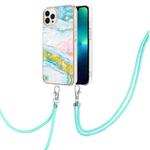 For iPhone 15 Pro Max Electroplating Marble Pattern IMD TPU Shockproof Case with Neck Lanyard(Green 004)
