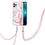 For iPhone 15 Pro Max Electroplating Marble Pattern IMD TPU Shockproof Case with Neck Lanyard(Rose Gold 005)