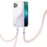 For iPhone 15 Pro Max Electroplating Marble Pattern IMD TPU Shockproof Case with Neck Lanyard(White 006)
