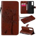 For Huawei Nova 7 Tree & Cat Embossed Pattern Horizontal Flip Leather Case with Holder & Card Slots & Wallet & Lanyard(Coffee)