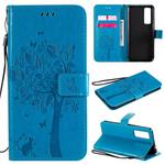 For Huawei Nova 7 Tree & Cat Embossed Pattern Horizontal Flip Leather Case with Holder & Card Slots & Wallet & Lanyard(Blue)