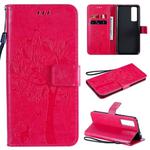 For Huawei Nova 7 Tree & Cat Embossed Pattern Horizontal Flip Leather Case with Holder & Card Slots & Wallet & Lanyard(Rose Red)