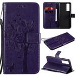 For Huawei Nova 7 Tree & Cat Embossed Pattern Horizontal Flip Leather Case with Holder & Card Slots & Wallet & Lanyard(Purple)