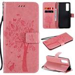 For Huawei Nova 7 Tree & Cat Embossed Pattern Horizontal Flip Leather Case with Holder & Card Slots & Wallet & Lanyard(Pink)