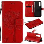 For Huawei Nova 7 Tree & Cat Embossed Pattern Horizontal Flip Leather Case with Holder & Card Slots & Wallet & Lanyard(Red)