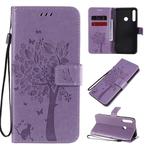 For Huawei P40 Lite E Tree & Cat Embossed Pattern Horizontal Flip Leather Case with Holder & Card Slots & Wallet & Lanyard(Light Purple)