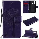 For Huawei P Smart 2020 Tree & Cat Embossed Pattern Horizontal Flip Leather Case with Holder & Card Slots & Wallet & Lanyard(Purple)