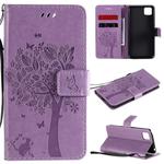 For Huawei Y5p Tree & Cat Embossed Pattern Horizontal Flip Leather Case with Holder & Card Slots & Wallet & Lanyard(Light Purple)