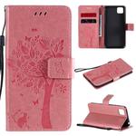 For Huawei Y5p Tree & Cat Embossed Pattern Horizontal Flip Leather Case with Holder & Card Slots & Wallet & Lanyard(Pink)