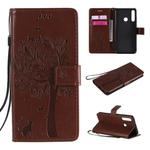 For Huawei Y6p Tree & Cat Embossed Pattern Horizontal Flip Leather Case with Holder & Card Slots & Wallet & Lanyard(Coffee)