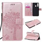 For Huawei Y6p Tree & Cat Embossed Pattern Horizontal Flip Leather Case with Holder & Card Slots & Wallet & Lanyard(Rose Gold)