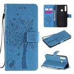 For Huawei Y6p Tree & Cat Embossed Pattern Horizontal Flip Leather Case with Holder & Card Slots & Wallet & Lanyard(Blue)