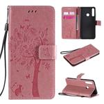 For Huawei Y6p Tree & Cat Embossed Pattern Horizontal Flip Leather Case with Holder & Card Slots & Wallet & Lanyard(Pink)