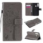 For Huawei Y6p Tree & Cat Embossed Pattern Horizontal Flip Leather Case with Holder & Card Slots & Wallet & Lanyard(Grey)