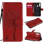 For Huawei Y6p Tree & Cat Embossed Pattern Horizontal Flip Leather Case with Holder & Card Slots & Wallet & Lanyard(Red)