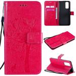 For Huawei Honor 30 Pro Tree & Cat Embossed Pattern Horizontal Flip Leather Case with Holder & Card Slots & Wallet & Lanyard(Rose Red)