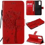 For Huawei Honor 30 Pro Tree & Cat Embossed Pattern Horizontal Flip Leather Case with Holder & Card Slots & Wallet & Lanyard(Red)