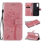 For Huawei Honor 30 Tree & Cat Embossed Pattern Horizontal Flip Leather Case with Holder & Card Slots & Wallet & Lanyard(Pink)