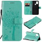For Samsung Galaxy A21s Tree & Cat Embossed Pattern Horizontal Flip Leather Case with Holder & Card Slots & Wallet & Lanyard(Green)
