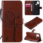 For Samsung Galaxy A21s Tree & Cat Embossed Pattern Horizontal Flip Leather Case with Holder & Card Slots & Wallet & Lanyard(Coffee)