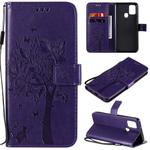For Samsung Galaxy A21s Tree & Cat Embossed Pattern Horizontal Flip Leather Case with Holder & Card Slots & Wallet & Lanyard(Purple)
