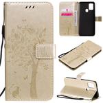 For Samsung Galaxy A21s Tree & Cat Embossed Pattern Horizontal Flip Leather Case with Holder & Card Slots & Wallet & Lanyard(Gold)