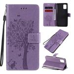 For Samsung Galaxy A31 Tree & Cat Embossed Pattern Horizontal Flip Leather Case with Holder & Card Slots & Wallet & Lanyard(Light Purple)
