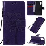 For Samsung Galaxy A41 Tree & Cat Embossed Pattern Horizontal Flip Leather Case with Holder & Card Slots & Wallet & Lanyard(Purple)