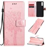 For Sony Xperia 10 II Tree & Cat Embossed Pattern Horizontal Flip Leather Case with Holder & Card Slots & Wallet & Lanyard(Rose Gold)