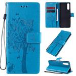 For Sony Xperia 10 II Tree & Cat Embossed Pattern Horizontal Flip Leather Case with Holder & Card Slots & Wallet & Lanyard(Blue)