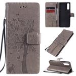 For Sony Xperia 10 II Tree & Cat Embossed Pattern Horizontal Flip Leather Case with Holder & Card Slots & Wallet & Lanyard(Grey)