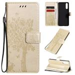 For Sony Xperia 10 II Tree & Cat Embossed Pattern Horizontal Flip Leather Case with Holder & Card Slots & Wallet & Lanyard(Gold)