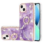 For iPhone 15 Electroplating Marble Pattern IMD TPU Shockproof Case with Ring Holder(Purple 002)