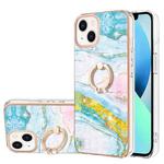 For iPhone 15 Electroplating Marble Pattern IMD TPU Shockproof Case with Ring Holder(Green 004)