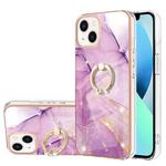 For iPhone 15 Plus Electroplating Marble Pattern IMD TPU Shockproof Case with Ring Holder(Purple 001)