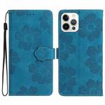 For iPhone 15 Pro Max Flower Embossing Pattern Leather Phone Case(Blue)