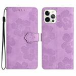 For iPhone 15 Pro Max Flower Embossing Pattern Leather Phone Case(Purple)