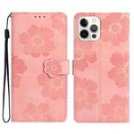 For iPhone 15 Pro Max Flower Embossing Pattern Leather Phone Case(Pink)